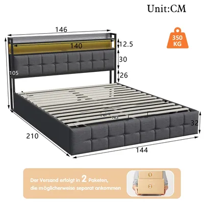 Zdjęcie produktu dla Łóżko tapicerowane - podwójne - 140 x 190 cm - z hydraulicznym pojemnikiem na pościel - stelaż z listew - pokrowiec z lnu - kolor szary