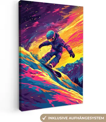 Produktbild von MuchoWow® - Leinwandbilder - Snowboarding - Schnee - Farbenfroh, Wandbild, Wanddeko Bilder Wohnzimmer, 80x120 cm
