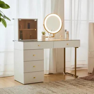 Zdjęcie produktu dla Zestaw toaletka z lustrem podświetlanym LED, blat z przezroczystego szkła hartowanego, toaletka boczna i szafka, elegancki mebel, biały, wymiary: 120 x 45 x 115 cm (bez taboretu)