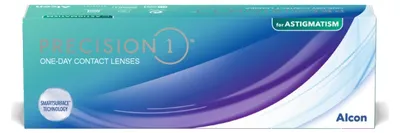 Immagine prodotto di Lenti a contatto per astigmatismo Precision1 (confezione da 30 lenti). Potenza: -4.75, Curvatura di base: 8.50, Diametro: 14.50, Cilindro: -0.75, Asse: 130°