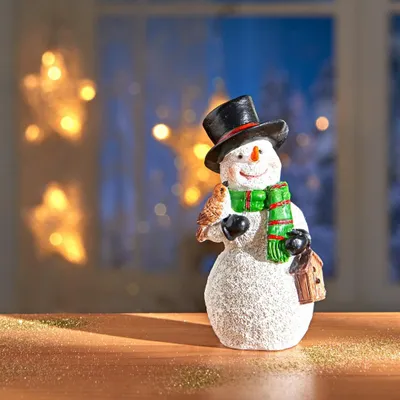 Produktbild von Schneemann mit Vogel Polyresin 10cm klein aber süss Deko Weihnachten