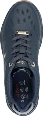 A top-down view of a single navy blue sneaker.
