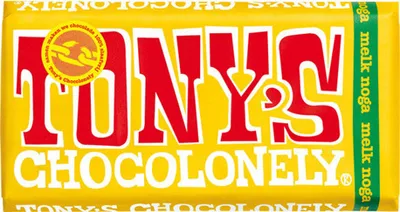 A close-up shot of a Tony's Chocolonely chocolate bar wrapper.