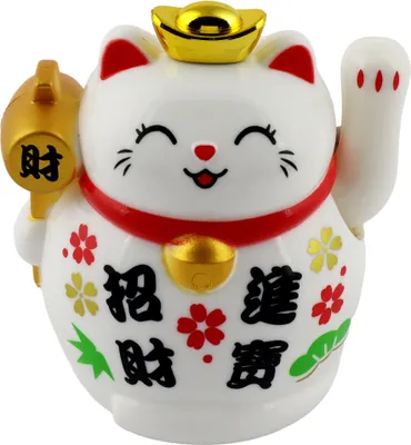 A white Maneki-neko (lucky cat) figurine with gold accents and red collar, decorated with floral patterns and Chinese characters.