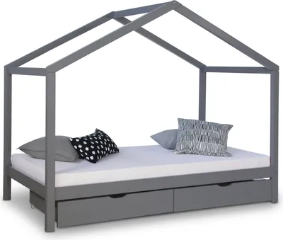Image de Lit D'Enfant avec matelas 90x200 Lit Maison Lit Cabane Lit Montessori Lit Bois Gris Tiroir