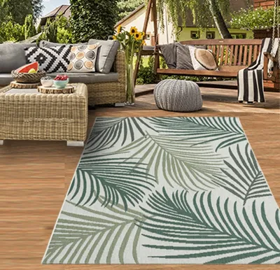 Zdjęcie produktu dla Dywan sizalowy do wnętrz i na zewnątrz balkon kuchnia salon taras gałązki palmowe w kolorze zielonym na piaskowym rozmiar - 140 x 200 cm