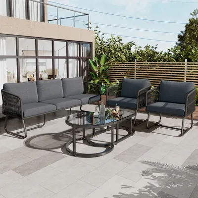 Produktbild von Flieks Gartenmöbel Set 5 Personen, Gartensofa mit Gartenstuhl und Gartentisch, Gartenlounge Set 5-tlg, Balkonmöbel Terassenmöbel Set aus Seil, Grau