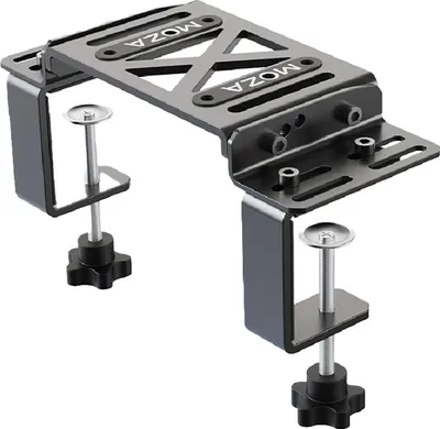 A black metal desk clamp mount for a racing wheel.