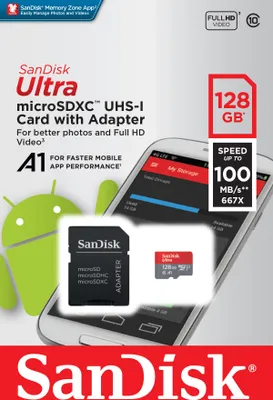 Zdjęcie produktu dla SanDisk Ultra, 128 GB, MicroSDXC, Klasa 10, UHS-I, 100 MB/s, Class 1 (U1)
