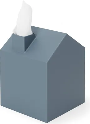 A gray house-shaped tissue box with tissues sticking out of the chimney.
