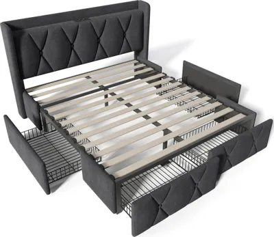 Produktbild von Flieks Polsterbett 160x200 mit USB und Steckdosen, Stauraumbett mit Lattenrost, Doppelbett mit 4 Schubladen, Jugendbett Klassisches Bett, Leinen, Grau