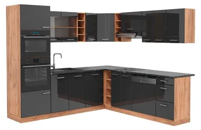 Produktbild von Eckküche Vicco R-Line Anthrazit Hochglanz/Goldkraft Eiche 247 x 237 cm, AP Anthrazit, Model 43297