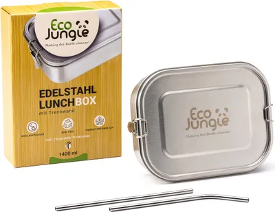 Produktbild von ECO Jungle Edelstahl Brotdose - Lunchbox (1400 ml) mit herausnehmbarer Trennwand – Auslaufsicher, Fester Verschluss – Metall Vesperdose Brotzeitbox + BONUS Edelstahl Trinkhalme