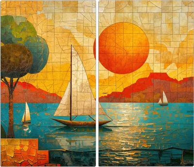 Produktbild von Spritzschutz Herdabdeckplatte Schneidebrett aus Glas Segelboot im Sonnenuntergang 2-Teilig (60x52cm)