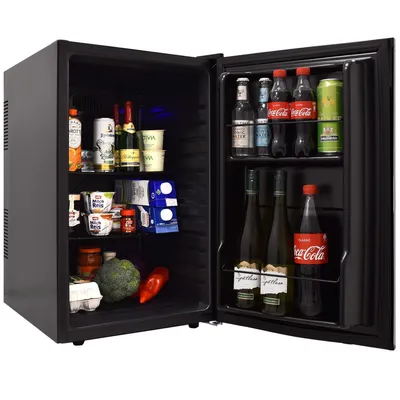 A black mini-fridge with its door open, filled with various drinks and food items.