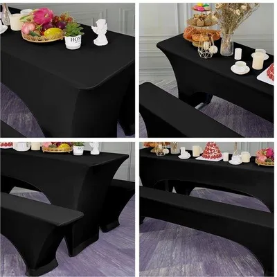 Produktbild von Ibenzoa® 3‑teiliges Set Bierbankhussen & Hockerhussen, elastisches Elasthan schwarz – Tischhusse 220×70×(70–80 cm) + 2× Hockerhusse 220×25×50 cm, 95% Polyester/5% Elasthan