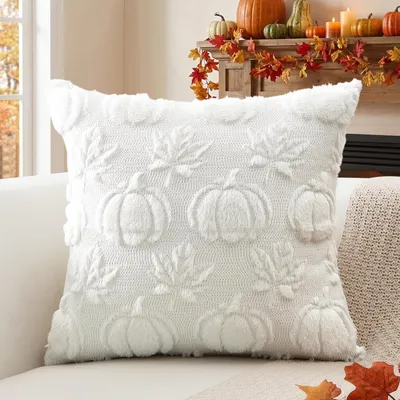 Produktbild von Kissenbezug 60x60 cm Creme Weiß 1 Stück Kürbis Ahornblatt Plüsch Samt Deko