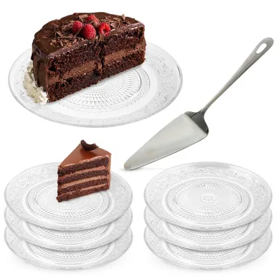 Immagine prodotto di Vilde | Set dessert 8 pezzi - Alzata in vetro Ø 25 cm - 6 piatti da dessert Ø 18 cm - con pala per torta