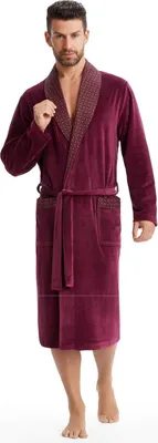 Produktbild von LEVERIE eleganter und kuschelweicher Velours-Bademantel für Herren mit edlem Reverskragen und Bindegürtel, bordeaux mit Punkten, Gr. 4XL