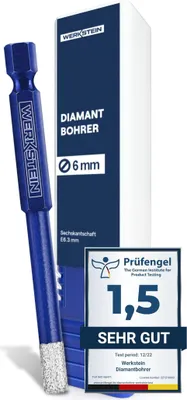 Produktbild von WERKSTEIN Fliesenbohrer 6mm mit Diamantbohrkrone - Extrem langlebiger Feinsteinzeug Bohrer zum Bohren von Fliesen, Glas, Keramik, Porzellan, Granit, Marmor uvm. - Diamantbohrer mit Sechskantschaft