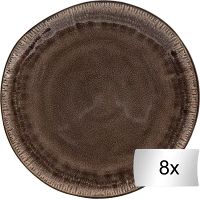 A top-down view of a brown ceramic plate with a textured rim, set against a white background. A small overlay in the bottom right corner displays '8x'.