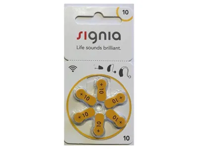 A blister pack of Signia hearing aid batteries.