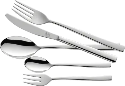 A set of stainless steel cutlery, including forks, a knife, and spoons, arranged against a white background.