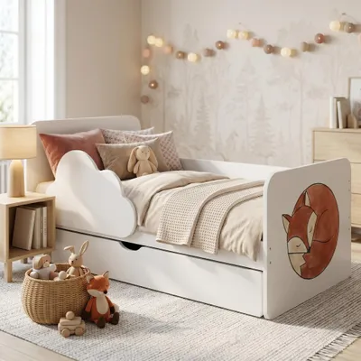 Immagine prodotto di Lettino a tema e lettino junior 160x80 cm bianco | Con materasso e vano portaoggetti inclusi | Lettino sicuro per bambini "Wolke", adesivi colorati a scelta