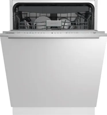 A white built-in dishwasher with its door open, showing the interior racks and dishes.