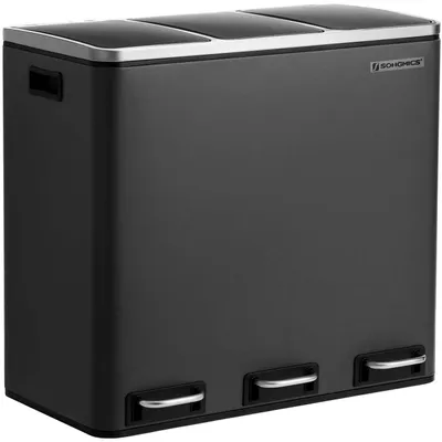 Image de Poubelle de 54 litres avec pédale – 3 compartiments – Système de fermeture douce – Noir