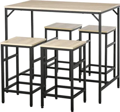 Produktbild von Bartisch Set - Essgruppe in Barhöhe - 1 Bartisch + 4 Barhocker - Tisch 100×60×88 cm - Hocker 32×32×57 cm - Für Küche - Montage erforderlich - Eiche