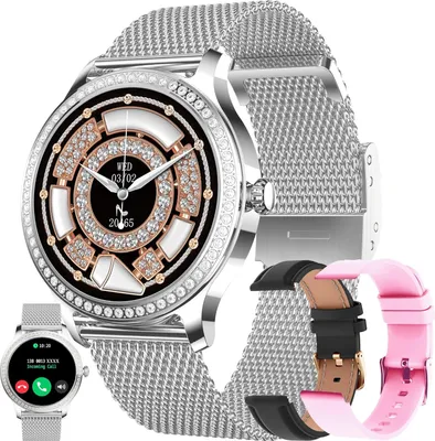Produktbild von Smartwatch Damen mit Telefonfunktion, 3 Uhrenarmbänder, 1.28" AMOLED mit Schlafmonitor, SpO2, Menstruationszyklus, 100+Sportmodi Android IOS