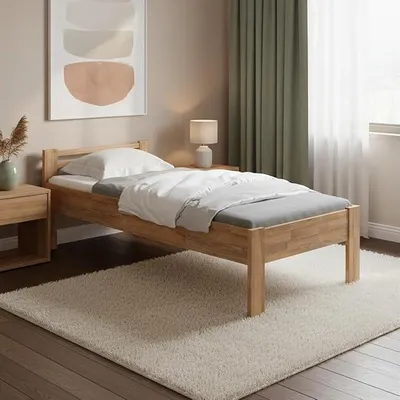 Produktbild von Fenrir Massivholzbett 100x200 cm – Einzelbett aus Eiche – Seniorenbett mit erhöhtem Einstieg – Holzbett natur geölt – Bettgestell 51cm hoch – Bettrahmen aus Holz mit Bettkopf – Schlafzimmer Bett