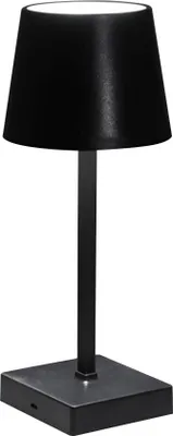 A black table lamp with a square base and a conical shade.