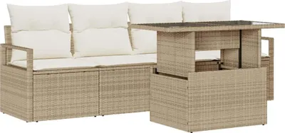 Immagine prodotto di Set da giardino composto da 5 pezzi, divano da 4 posti, colore beige e crema, realizzato in rattan sintetico