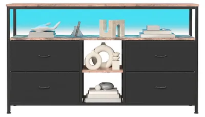 Image de Meuble TV - 4 tiroirs en tissu - Éclairage LED - MDF et métal - 137 × 78 × 29,8 cm - Noir