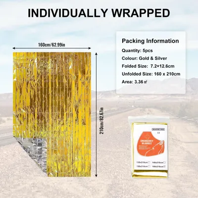 Imagen del producto de Manta térmica, color dorado-plateado, 210 x 160 cm, para emergencias y actividades al aire libre
