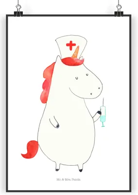 Produktbild von Mr. & Mrs. Panda Bild Einhorn Krankenschwester DIN A4 - Weiß - Geschenk, Krankenhaus, drucke, Plakat, Designposter, Unicorn, Wandbild, Krankenpflegerin, Ärztin, wanddeko