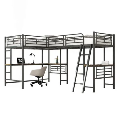Produktbild von Hochbett mit 2 Liegeflächen und Schreibtisch, 90x200cm/90x200cm, Metallbett mit Rausfallschutz und Lattenrost
