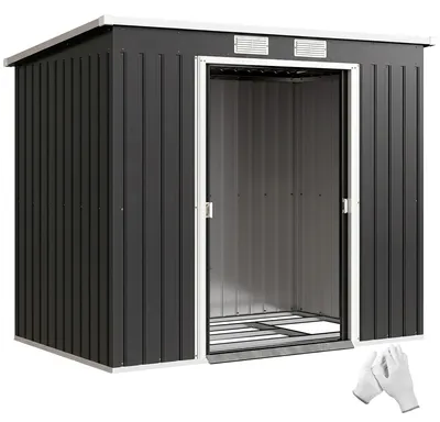 Image de Abri de jardin avec fenêtre de ventilation, cabanon en acier avec portes coulissantes, traité contre les intempéries et galvanisé, de couleur gris foncé | Inclut la fondation | 213 x 130 x 172 cm