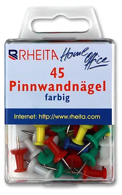 Produktbild von Rheita Pinnwandnägel, farblich sortiert, 45 Stück in Klarsichtbox