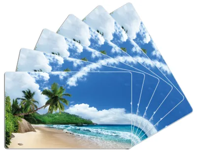 Produktbild von Wallario Frühstücksbrettchen 6er Set aus Glas, je 14 x 23 cm, mit rutschfesten Füßen, Motiv Urlaub auf den Seychellen unter Palmen am Sandstrand