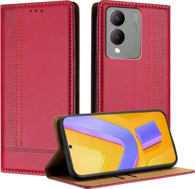 Produktbild von Handyhülle für Vivo Y17S Leder Flip Klappbare Schutzhülle mit Standfunktion Rot