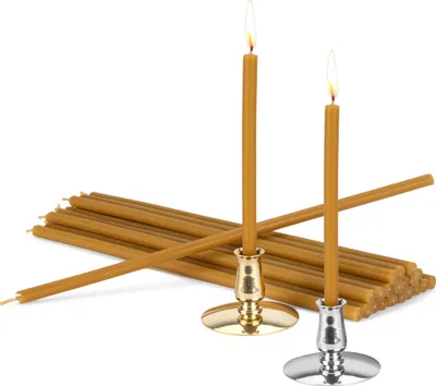 Produktbild von Set 2 Kerzenhalter + 200g Stabkerzen gelb Tropffrei L 24,5cm Bienenwachs 40108