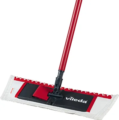 A Vileda floor mop with a red handle and a black and white mop head is shown against a white background.