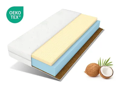 A cross-section of a mattress showing its different layers, with coconuts and palm leaves in the foreground.