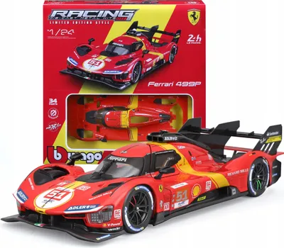A Bburago Ferrari 499P 1:24 LMH 2023 model car and its packaging.