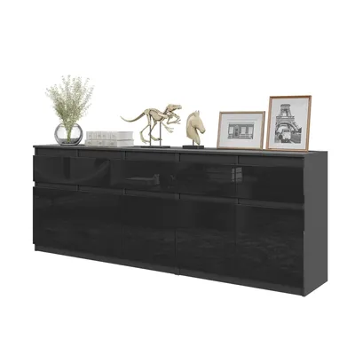 Obrázek produktu pro Komoda NOAH Antracit / Černý Lesk – Velká Komoda do Ložnice s 5 Zásuvkami a 5 Dvířky, Set Komod Š200 x V75 x H35 cm