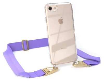 Produktbild von EAZY CASE - Hülle mit Band für Apple iPhone SE 2020/2022, iPhone 7 / 8, Handyhülle mit Umhängeband, Silikonhülle transparent, Handykette in Violett