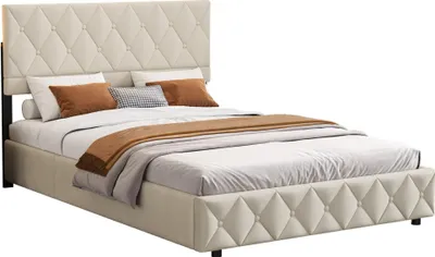Produktbild von MODFU Boxspringbett Hydraulisches 160 x 200 cm mit Kopfteil(Knopfnahtverzierung), Polsterbett Funktionelles mit Lattenrost aus holz und Metallrahmen, Doppelbett Stauraumbett mit Bettkasten Stauraum, Samt Beige( mit Matratze)